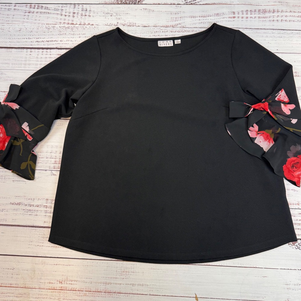 Joan Rivers Black Floral Bow Sleeve Top Blouse Career Office Elegant Large